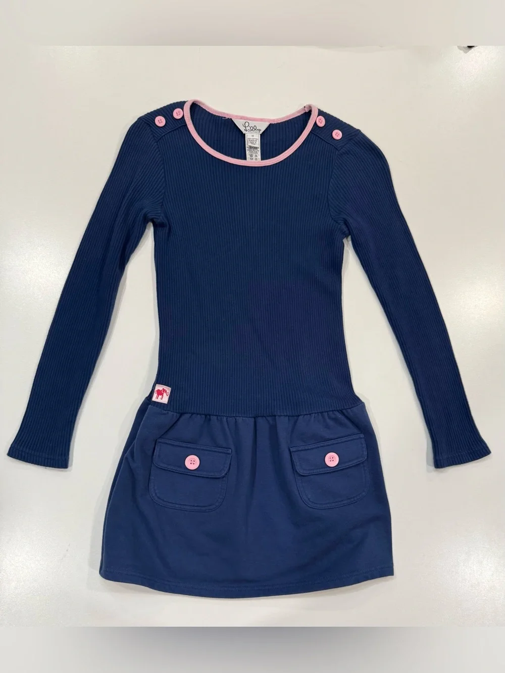 Lilly Pulitzer Girls Navy Blue Pink Trim Long Sleeve Dress